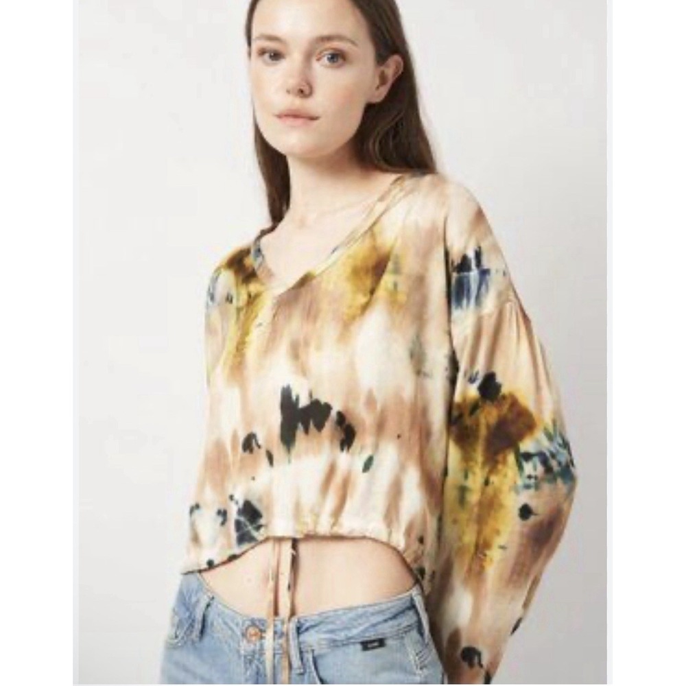 ZARA Satin Tie Dye Top XS/S Shirt Pullover V Neck Tie String Waist Boho Hippie